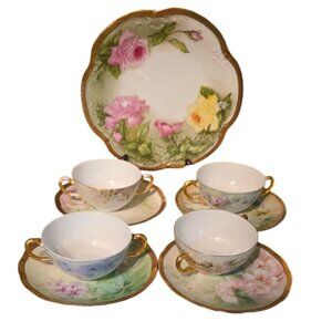 Antique Hand-Painted Tea Cup Saucer & Plate Limoges Signed Floral Gold Trim More